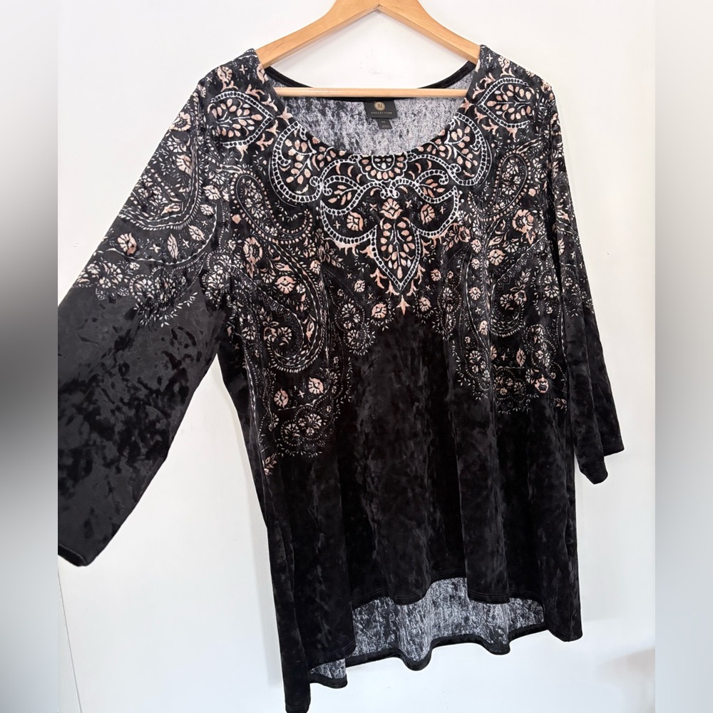 JM COLLECTION XXL Black Crushed Velvet Top 3/4 Sleeve Silver Tan/Gold Floral